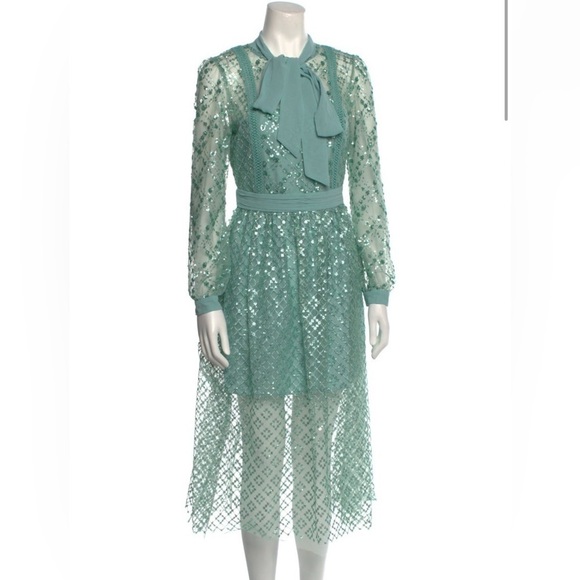 SELF-PORTRAIT Mint Seafoam Green Grid Sequin Bow Lace Dress Size 4 NWT - Picture 11 of 12